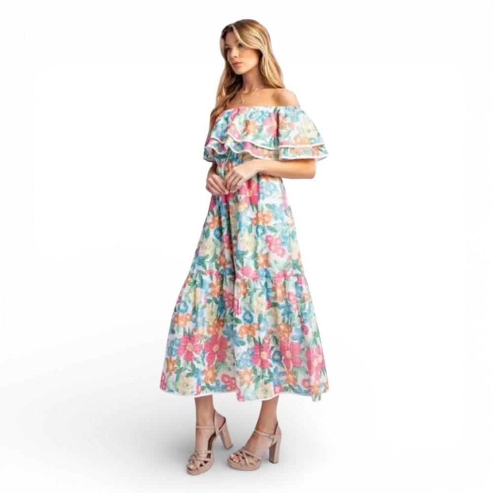 Sweet Generis Floral Eyelet Maxi Dress L Multicolor Off Shoulder Ruffle DR9130